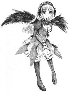 Rating: Safe Score: 0 Tags: 1girl black_wings boots breasts dress feathered_wings frills full_body greyscale hairband image knee_boots long_hair long_sleeves looking_at_viewer monochrome ribbon simple_background smile solo standing suigintou traditional_media white_background wings User: admin