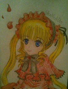 Rating: Safe Score: 0 Tags: 1girl blonde_hair blue_eyes bow bowtie dress drill_hair image long_hair long_sleeves looking_at_viewer marker_(medium) shinku simple_background solo traditional_media twin_drills twintails User: admin