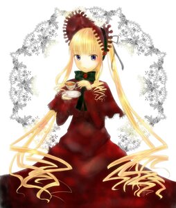 Rating: Safe Score: 0 Tags: 1girl blonde_hair blue_eyes bonnet bow bowtie capelet dress green_bow image long_hair long_sleeves looking_at_viewer red_dress shinku sidelocks solo twintails very_long_hair white_background User: admin