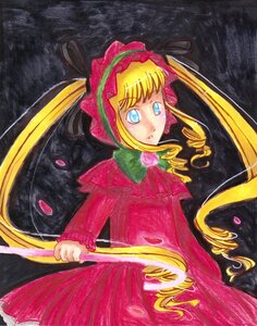 Rating: Safe Score: 0 Tags: 1girl blonde_hair blue_eyes bonnet bow dress drill_hair flower image long_hair long_sleeves looking_at_viewer marker_(medium) red_dress rose shinku solo standing traditional_media twin_drills twintails very_long_hair User: admin