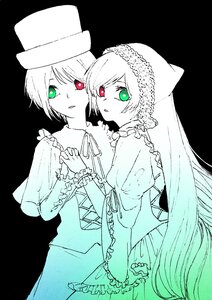 Rating: Safe Score: 0 Tags: 2girls dress frills green_eyes hat heterochromia image long_hair long_sleeves looking_at_viewer monochrome multiple_girls pair red_eyes short_hair siblings sisters souseiseki spot_color suiseiseki top_hat twins very_long_hair User: admin