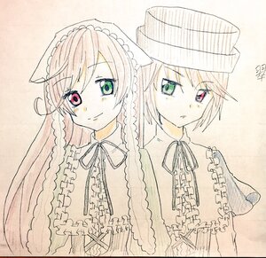 Rating: Safe Score: 0 Tags: 2girls frills green_eyes hat heterochromia image long_hair long_sleeves looking_at_viewer monochrome multiple_girls pair red_eyes ribbon short_hair smile souseiseki suiseiseki User: admin