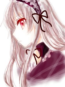 Rating: Safe Score: 0 Tags: 1girl bangs black_ribbon closed_mouth dress eyebrows_visible_through_hair frills hairband image long_hair profile red_eyes ribbon silver_hair simple_background solo suigintou white_background User: admin