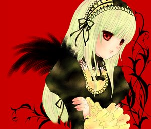 Rating: Safe Score: 0 Tags: 1girl bangs blonde_hair dress flower frills hairband image juliet_sleeves long_hair long_sleeves looking_at_viewer puffy_sleeves red_background red_eyes ribbon simple_background solo suigintou upper_body wings User: admin