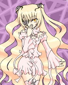 Rating: Safe Score: 0 Tags: 1girl blonde_hair dress eyepatch flower frills hair_flower image kirakishou long_hair long_sleeves pink_dress rose solo twintails very_long_hair yellow_eyes User: admin