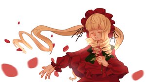 Rating: Safe Score: 0 Tags: 1girl blonde_hair bonnet bow closed_eyes dress drill_hair flower image long_hair long_sleeves petals ribbon rose shinku solo striped white_background User: admin