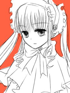 Rating: Safe Score: 0 Tags: 1girl dress drill_hair expressionless eyebrows_visible_through_hair image long_hair long_sleeves looking_at_viewer monochrome shinku sidelocks simple_background solo twin_drills twintails upper_body white_background User: admin