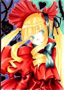 Rating: Safe Score: 0 Tags: 1girl bangs blonde_hair blue_eyes bow dress drill_hair flower hair_ribbon image long_hair long_sleeves looking_at_viewer marker_(medium) red_dress red_rose rose shinku solo traditional_media twintails User: admin