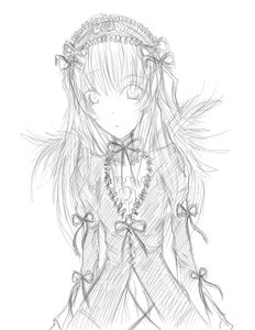 Rating: Safe Score: 0 Tags: 1girl blush dress greyscale hair_ribbon hairband image lolita_hairband long_hair long_sleeves looking_at_viewer monochrome ribbon simple_background solo striped suigintou traditional_media white_background User: admin