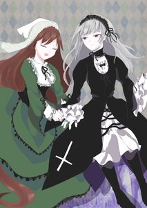 Rating: Safe Score: 0 Tags: 2girls brown_hair closed_eyes dress frills hairband holding_hands image long_hair long_sleeves multiple_girls open_mouth pair red_eyes smile suigintou suiseiseki very_long_hair wings User: admin