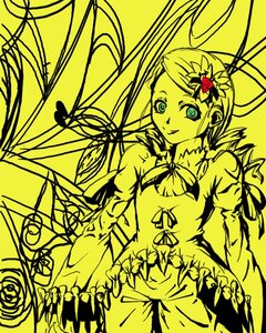 Rating: Safe Score: 0 Tags: 1girl bug butterfly dress flower hair_ornament heart image insect kanaria long_hair monochrome puffy_sleeves ribbon rose smile solo yellow_background yellow_theme User: admin