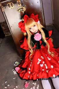 Rating: Safe Score: 0 Tags: 1girl blonde_hair blue_eyes bow dress flower long_hair pantyhose petals pink_flower pink_rose red_dress rose rose_petals shinku sitting solo white_legwear User: admin