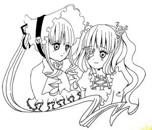 Rating: Safe Score: 0 Tags: 2girls blush bow dress flower frills greyscale image kirakishou long_hair monochrome multiple_girls pair rose shinku simple_background smile twintails User: admin