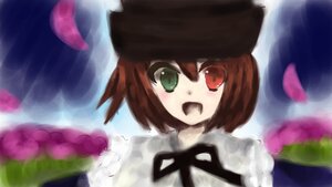 Rating: Safe Score: 0 Tags: 1girl :d blush brown_hair green_eyes hat heterochromia image long_sleeves looking_at_viewer open_mouth rain red_eyes short_hair smile solo souseiseki suiseiseki umbrella User: admin