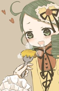 Rating: Safe Score: 0 Tags: 1girl ahoge blush drill_hair eating flower food green_eyes green_hair heart image kanaria open_mouth rose simple_background solo User: admin