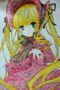 Rating: Safe Score: 0 Tags: 1girl auto_tagged bangs blonde_hair blue_eyes bonnet bow dress drill_hair flower frills image long_hair looking_at_viewer marker_(medium) shinku simple_background solo traditional_media twintails User: admin