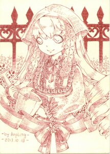 Rating: Safe Score: 0 Tags: 1girl bow dated frills image long_hair long_sleeves looking_at_viewer monochrome ribbon smile solo suiseiseki traditional_media User: admin