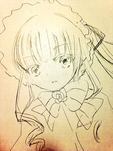 Rating: Safe Score: 0 Tags: 1girl auto_tagged bangs bow bowtie eyebrows_visible_through_hair image long_hair looking_at_viewer monochrome ribbon shinku solo tears traditional_media twintails upper_body User: admin