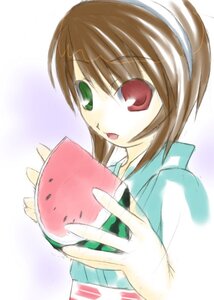 Rating: Safe Score: 0 Tags: 1girl :d blue_dress brown_hair dress food fruit green_eyes heterochromia holding holding_food holding_fruit image long_sleeves looking_at_viewer open_mouth red_eyes simple_background solo souseiseki suiseiseki upper_body watermelon User: admin