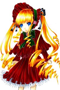 Rating: Safe Score: 0 Tags: 1girl blonde_hair blue_eyes bonnet bow bowtie capelet dress drill_hair frills green_bow green_neckwear image long_hair long_sleeves looking_at_viewer red_dress shinku simple_background solo standing twintails very_long_hair white_background User: admin