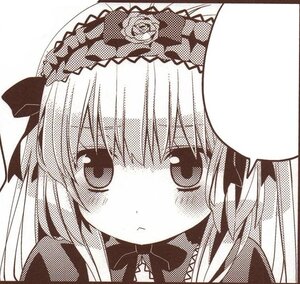 Rating: Safe Score: 0 Tags: 1girl bangs blush closed_mouth eyebrows_visible_through_hair flower hair_between_eyes hat image long_hair looking_at_viewer monochrome simple_background solo suigintou white_background User: admin