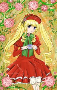 Rating: Safe Score: 0 Tags: 1girl blonde_hair blue_eyes bonnet bow capelet cup dress drill_hair flower green_bow hat holding image long_hair long_sleeves looking_at_viewer pink_flower pink_rose plant purple_rose red_capelet red_dress rose shinku solo teacup twin_drills twintails very_long_hair User: admin