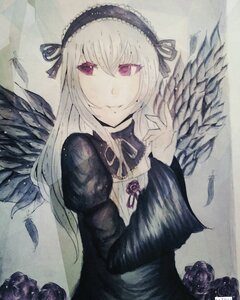 Rating: Safe Score: 0 Tags: 1girl bangs black_dress black_wings closed_mouth dress feathered_wings feathers flower hairband image juliet_sleeves long_hair long_sleeves looking_at_viewer red_eyes ribbon rose smile solo suigintou traditional_media upper_body wings User: admin