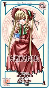 Rating: Safe Score: 0 Tags: 1girl blonde_hair blue_eyes blush bonnet bow bowtie dress full_body image long_hair long_sleeves looking_at_viewer red_dress shinku solo standing twintails User: admin