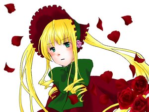 Rating: Safe Score: 0 Tags: 1girl blonde_hair blush bonnet bow bowtie capelet dress flower green_bow image long_hair long_sleeves looking_at_viewer petals pink_rose red_flower red_rose rose rose_petals shinku sidelocks simple_background solo striped twintails User: admin