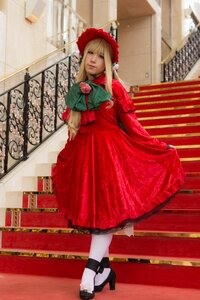 Rating: Safe Score: 0 Tags: 1girl black_footwear blonde_hair blue_eyes bonnet dress full_body hat high_heels long_hair looking_at_viewer pantyhose photo red_dress shinku shoes solo standing User: admin