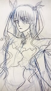 Rating: Safe Score: 0 Tags: 1girl barasuishou dress hair_ornament image long_hair monochrome ribbon sketch solo traditional_media two_side_up User: admin