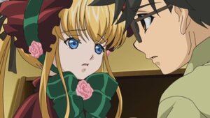 Rating: Safe Score: 0 Tags: 1boy 1girl blonde_hair blue_eyes bonnet bow bowtie expressionless flower green_bow green_neckwear image long_hair long_sleeves looking_at_another pink_flower pink_rose rose shinku sidelocks solo User: admin