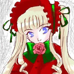 Rating: Safe Score: 0 Tags: 1girl bangs blonde_hair blue_eyes blush bow bowtie dress flower green_bow hat image long_hair long_sleeves looking_at_viewer red_flower red_rose rose shinku sidelocks simple_background solo upper_body white_background User: admin