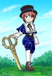 Rating: Safe Score: 0 Tags: 1girl boots brown_footwear day full_body grass green_eyes hat heterochromia image long_sleeves outdoors red_eyes short_hair sky solo souseiseki standing User: admin