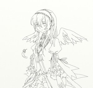Rating: Safe Score: 0 Tags: 1girl angel_wings dress feathered_wings frills greyscale hairband image juliet_sleeves lineart lolita_hairband long_hair long_sleeves monochrome ribbon solo suigintou traditional_media wings User: admin