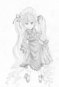 Rating: Safe Score: 0 Tags: 1girl auto_tagged blush dress frills full_body graphite_(medium) greyscale hair_ribbon image long_hair long_sleeves looking_at_viewer monochrome possible_duplicate ribbon shinku smile solo standing traditional_media twintails very_long_hair User: admin
