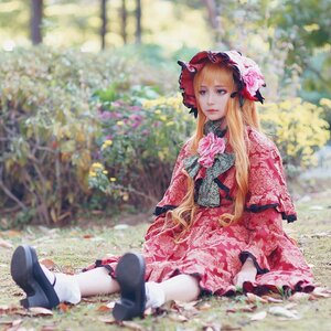 Rating: Safe Score: 0 Tags: 1girl bangs blonde_hair blue_eyes blurry blurry_background blurry_foreground bonnet day depth_of_field dress flower frills full_body long_hair looking_at_viewer outdoors photo shinku sitting socks solo white_legwear User: admin