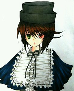 Rating: Safe Score: 0 Tags: 1girl brown_hair dress frills green_eyes hat heterochromia image long_sleeves looking_at_viewer red_eyes short_hair simple_background solo souseiseki top_hat User: admin