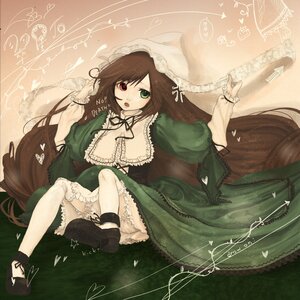 Rating: Safe Score: 0 Tags: 1girl bloomers brown_hair dress eighth_note frills green_dress green_eyes heterochromia image long_hair long_sleeves musical_note open_mouth red_eyes solo suiseiseki twintails underwear very_long_hair User: admin