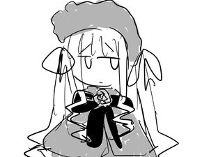 Rating: Safe Score: 0 Tags: 1girl bangs blush capelet closed_mouth dress eyebrows_visible_through_hair greyscale image long_hair long_sleeves monochrome own_hands_together shinku solo very_long_hair User: admin