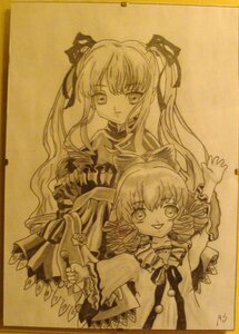 Rating: Safe Score: 0 Tags: 2girls bow dress drill_hair hinaichigo image long_hair long_sleeves monochrome multiple_girls open_mouth pair photo shinku short_hair smile traditional_media User: admin