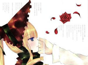 Rating: Safe Score: 0 Tags: 1girl blonde_hair blue_eyes bonnet bow flower image long_hair long_sleeves petals profile red_flower red_rose rose rose_petals shinku solo User: admin