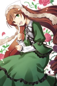 Rating: Safe Score: 0 Tags: 1girl :d brown_hair dress flower frills green_dress green_eyes heterochromia image long_hair long_sleeves open_mouth red_eyes rose smile solo suiseiseki very_long_hair User: admin