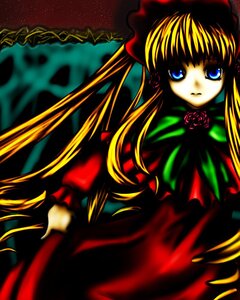 Rating: Safe Score: 0 Tags: 1girl blonde_hair blue_eyes bow dress flower image long_hair long_sleeves looking_at_viewer red_dress red_rose rose shinku solo very_long_hair User: admin