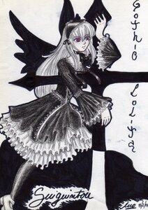 Rating: Safe Score: 0 Tags: 1girl dated dress frilled_sleeves frills hairband image long_hair long_sleeves looking_at_viewer marker_(medium) monochrome signature solo suigintou traditional_media wide_sleeves wings User: admin