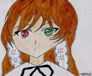 Rating: Safe Score: 0 Tags: 1girl black_ribbon braid closed_mouth dated eyebrows_visible_through_hair green_eyes image long_hair looking_at_viewer portrait red_eyes ribbon signature solo suiseiseki traditional_media User: admin