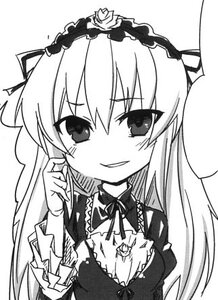 Rating: Safe Score: 0 Tags: 1girl dress greyscale hairband image long_hair long_sleeves looking_at_viewer monochrome simple_background smile solo suigintou upper_body white_background User: admin