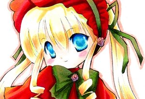 Rating: Safe Score: 0 Tags: 1girl blonde_hair blue_eyes blush bonnet bow bowtie dress flower green_bow image long_hair looking_at_viewer marker_(medium) rose shinku simple_background solo white_background User: admin