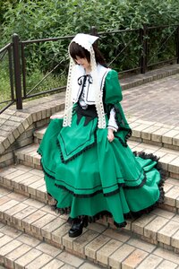 Rating: Safe Score: 0 Tags: 1girl brick_wall brown_hair bush closed_eyes day dress fence frills green_dress long_sleeves outdoors pavement shoes solo standing suiseiseki tile_floor tiles User: admin