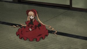 Rating: Safe Score: 0 Tags: 1girl blonde_hair bonnet bow dress image long_hair long_sleeves red_dress shinku sitting solo twintails very_long_hair User: admin